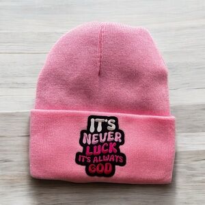 Pink Beanie with Classic Cuff and Bold Text Design